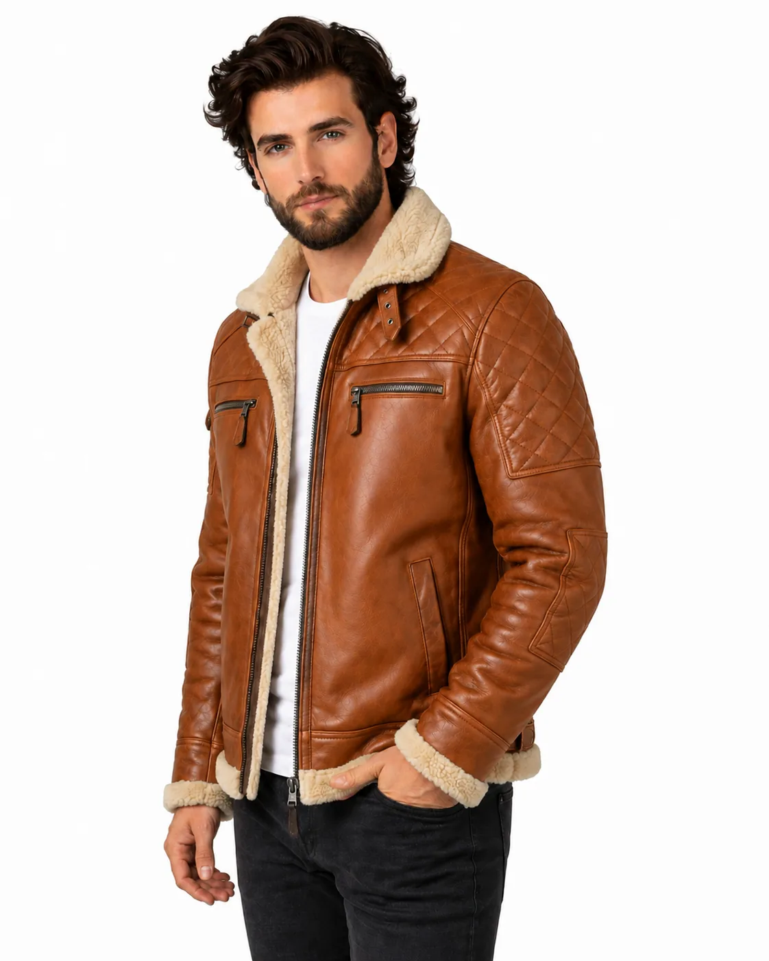 VELDRIC Hercules cognac tan shearling leather jacket angled front view VELDRIC Hercules cognac tan shearling leather jacket angled front view