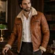 VELDRIC Hercules cognac tan shearling leather jacket angled back view VELDRIC Hercules cognac tan shearling leather jacket angled back view