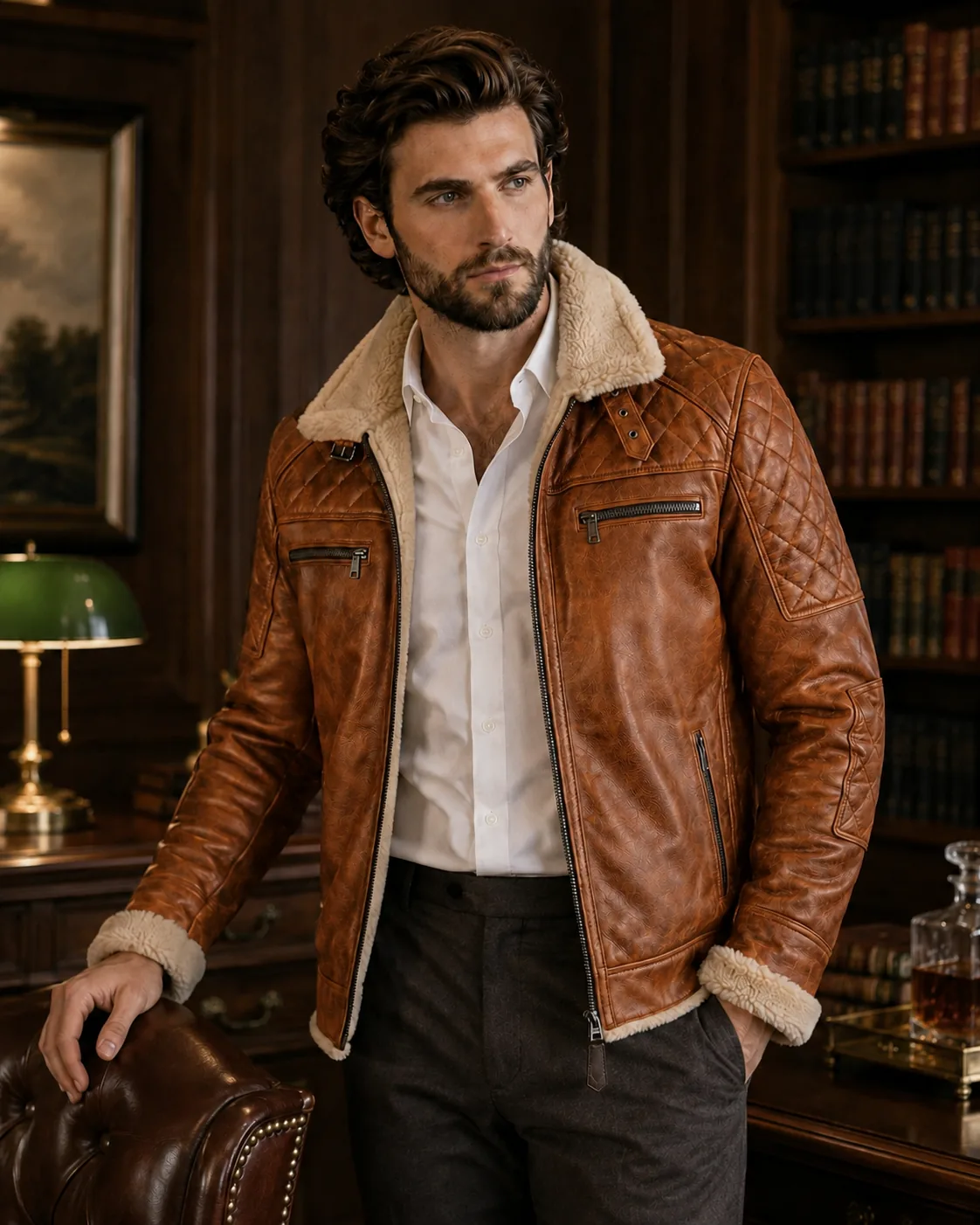 VELDRIC Hercules cognac tan shearling leather jacket angled back view VELDRIC Hercules cognac tan shearling leather jacket angled back view