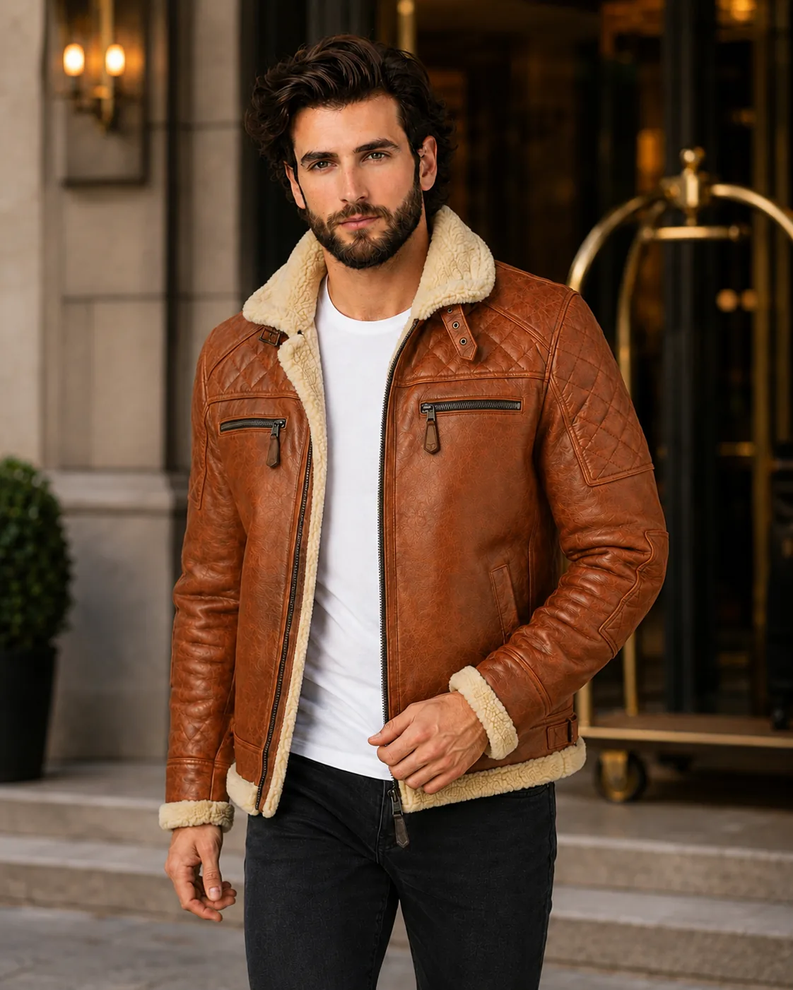 VELDRIC Hercules cognac tan shearling leather jacket collar and shoulder detail VELDRIC Hercules cognac tan shearling leather jacket collar and shoulder detail