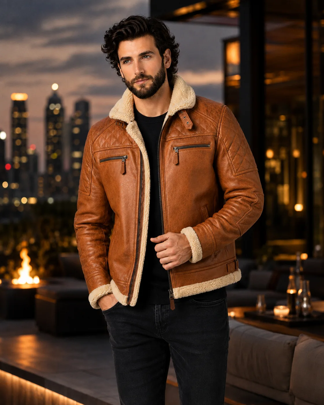 VELDRIC Hercules cognac tan shearling leather jacket zipper and front panel detail VELDRIC Hercules cognac tan shearling leather jacket zipper and front panel detail