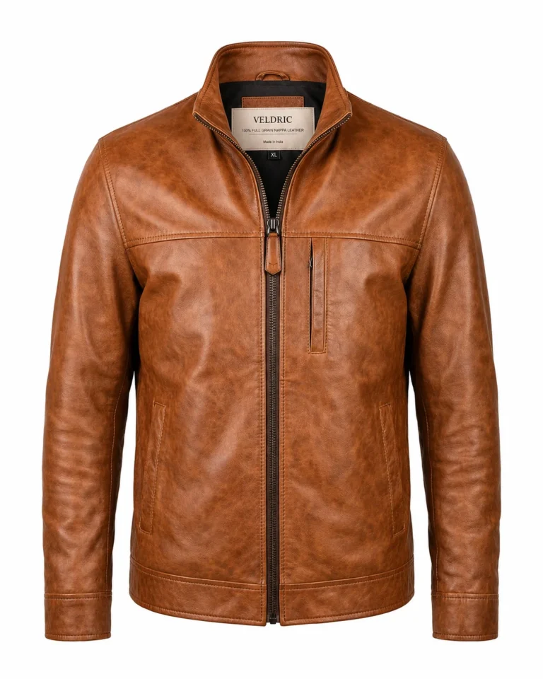 VELDRIC Kepler cognac tan Nappa leather jacket front view