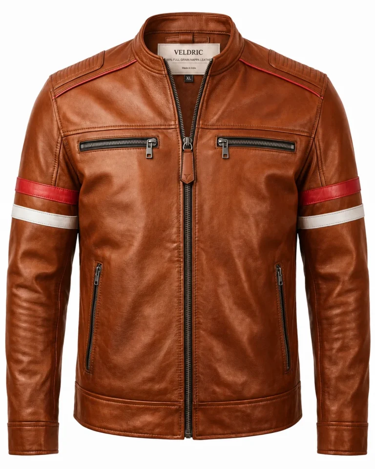 VELDRIC Mars Stripe cognac tan Nappa leather jacket front view