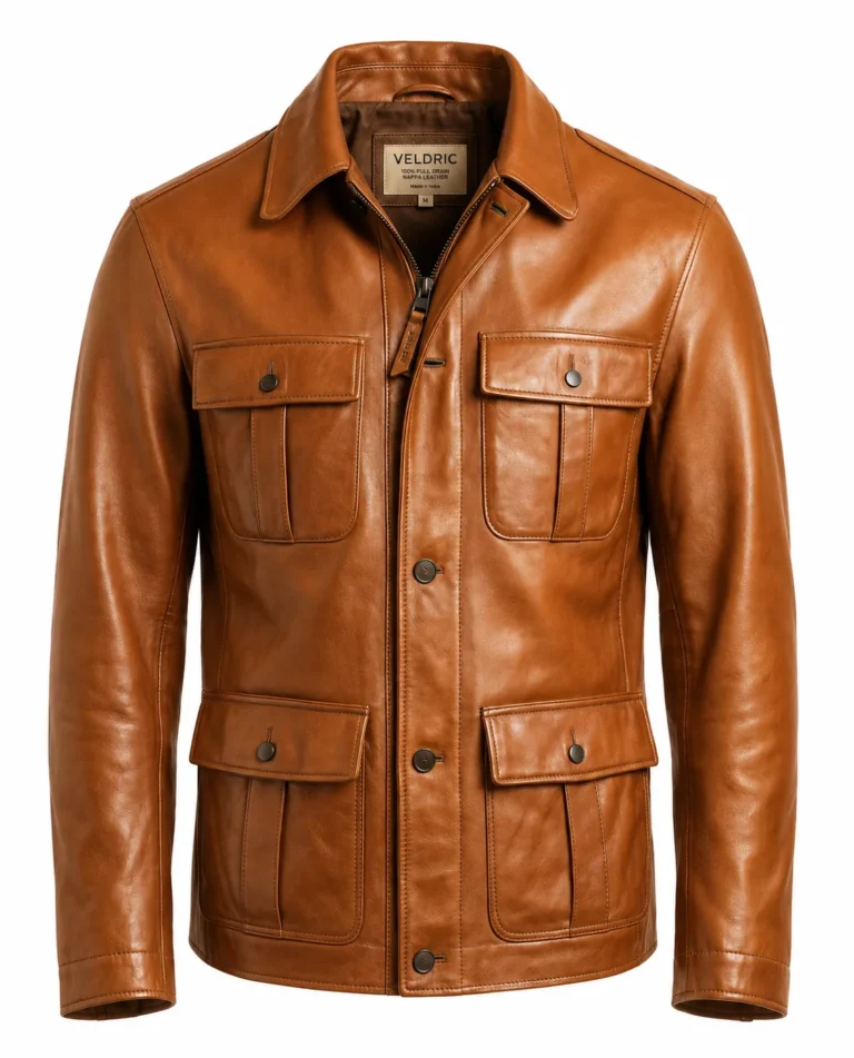 VELDRIC Mercury cognac tan Nappa leather field jacket front view