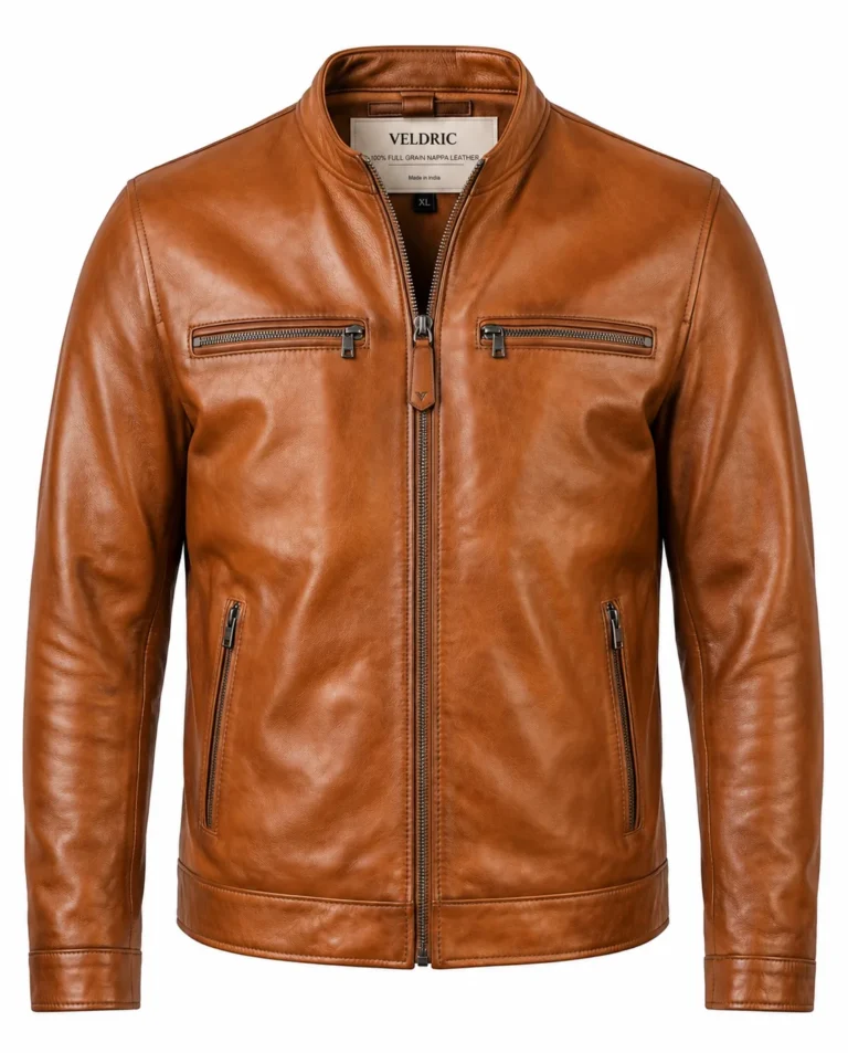 VELDRIC Meteor cognac tan Nappa leather jacket front view
