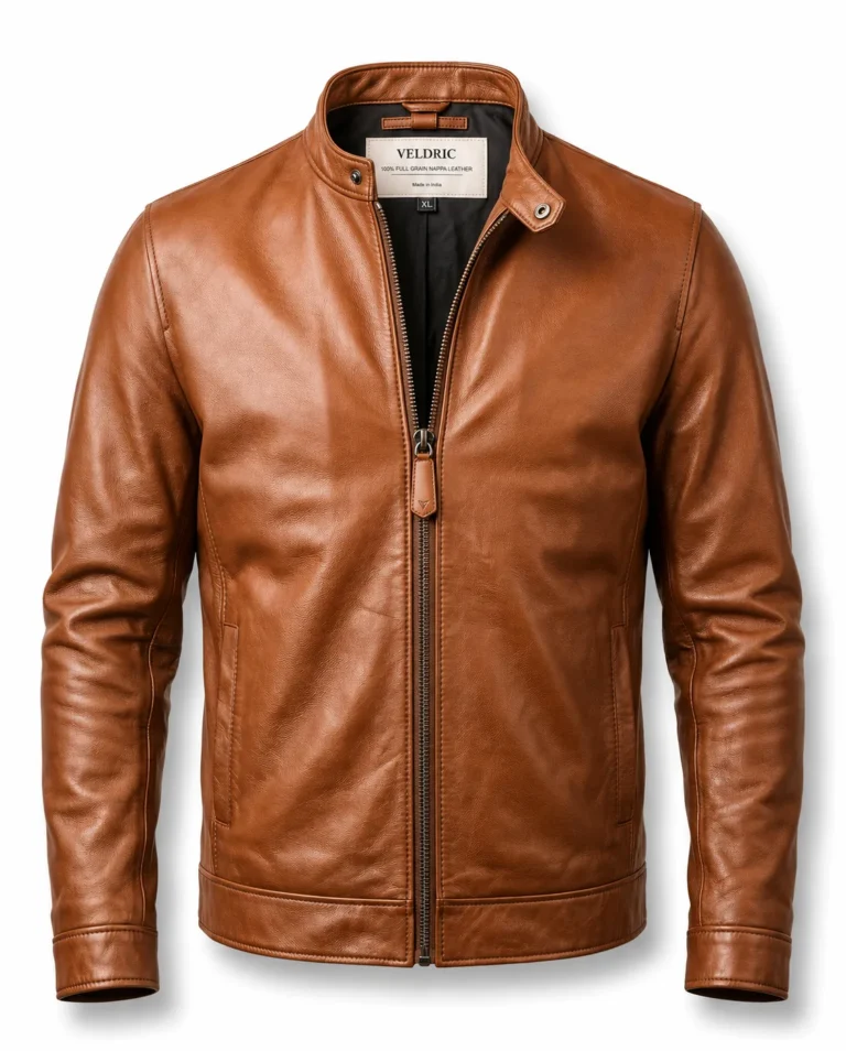 VELDRIC Nebula cognac tan Nappa leather jacket front view