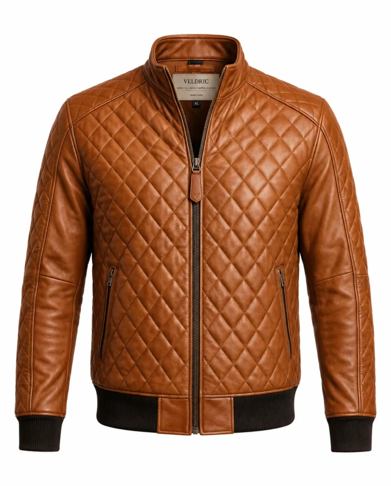 VELDRIC Nova cognac tan bomber Nappa leather jacket front view