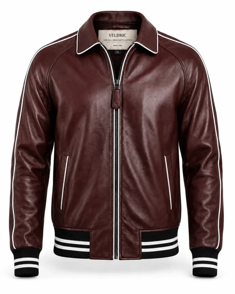 VELDRIC Polaris maroon Nappa leather varsity jacket front view
