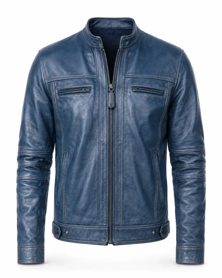 VELDRIC Rigel dusty blue biker Nappa leather jacket front view