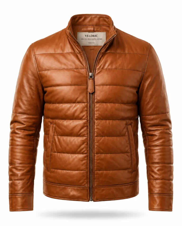 VELDRIC Saturn Puffer cognac tan Nappa leather puffer jacket front view