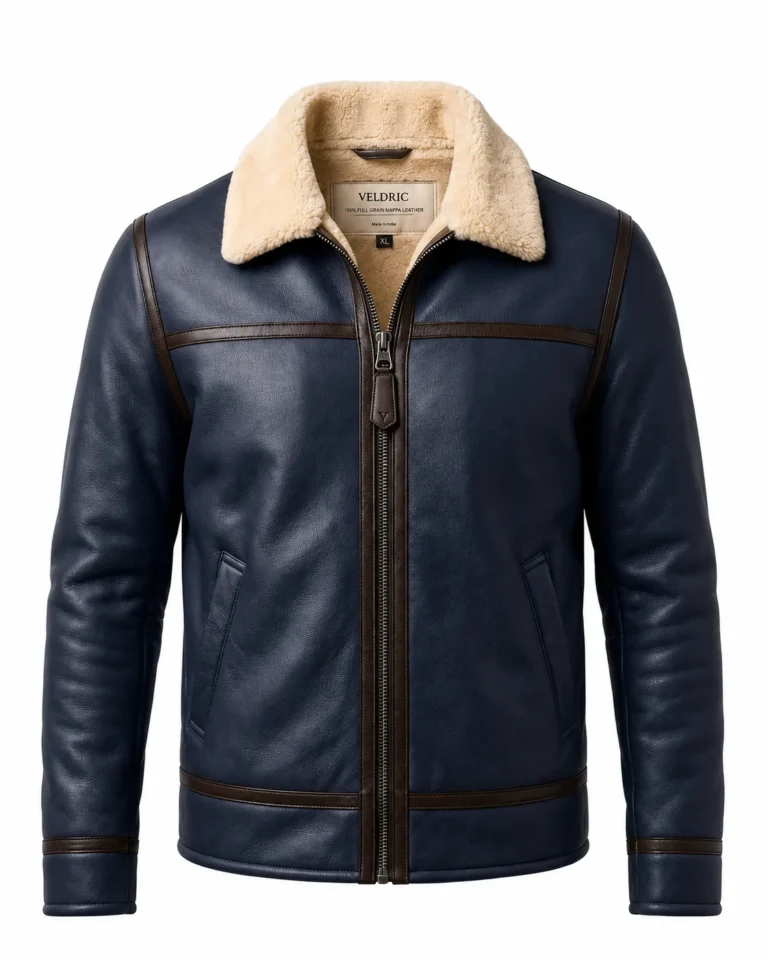VELDRIC Solaris navy blue shearling leather jacket front view