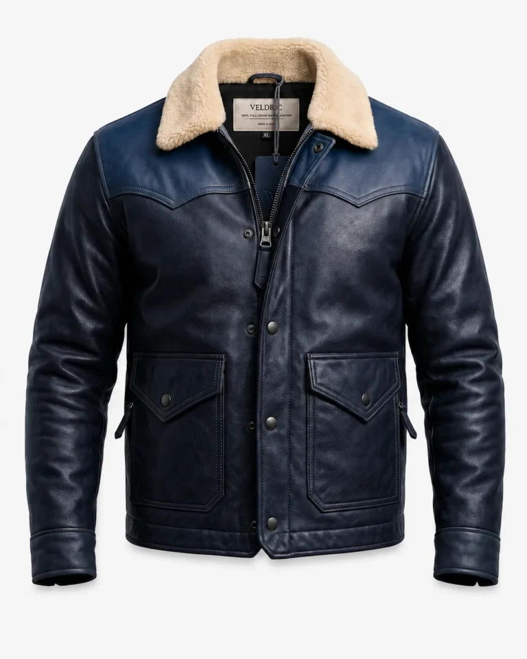 VELDRIC Solstice navy blue shearling leather jacket front view