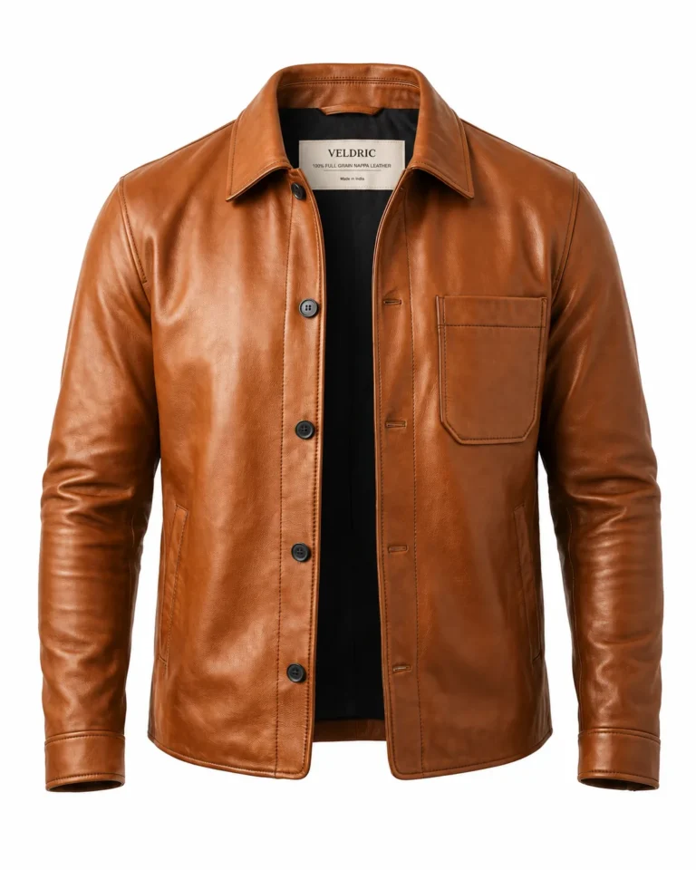 VELDRIC Taurus cognac tan Nappa leather shirt jacket front view