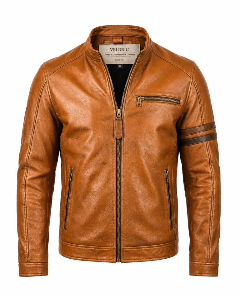 VELDRIC Voyager cognac tan Nappa leather jacket front view