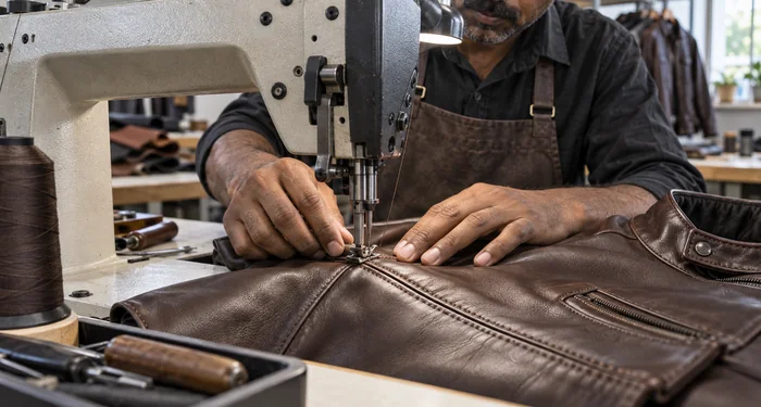 Leather artisan sewing reinforced jacket seams at the Veldric workshop