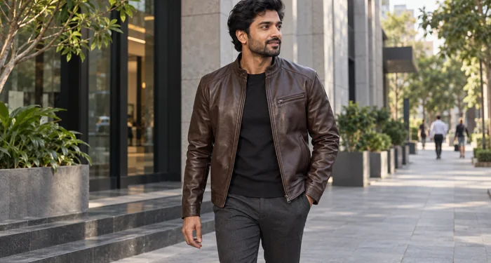 Veldric Nappa leather jacket worn with a confident everyday fit