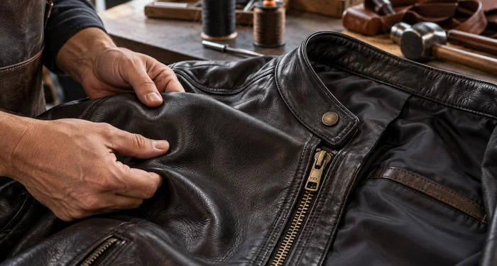 Top-grain Nappa leather, YKK zipper and lining inspected at the Veldric workshop