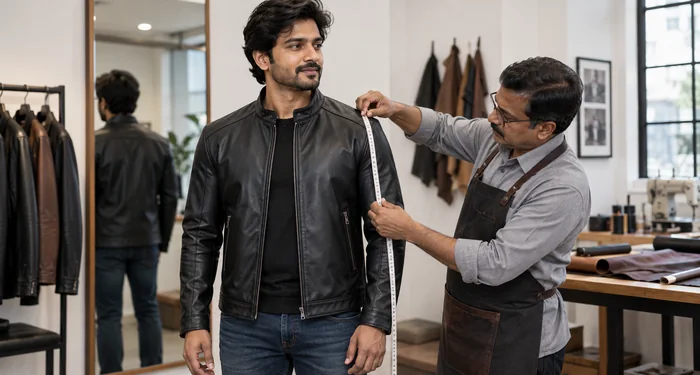 Tailor checking shoulder alignment and sleeve fit on a Veldric leather jacket