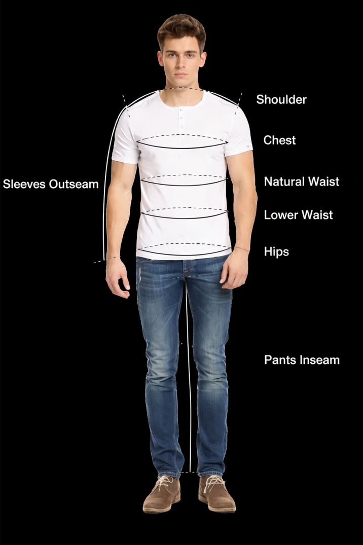 Men's measurement diagram — Shoulder, Chest, Natural Waist, Sleeve Outseam