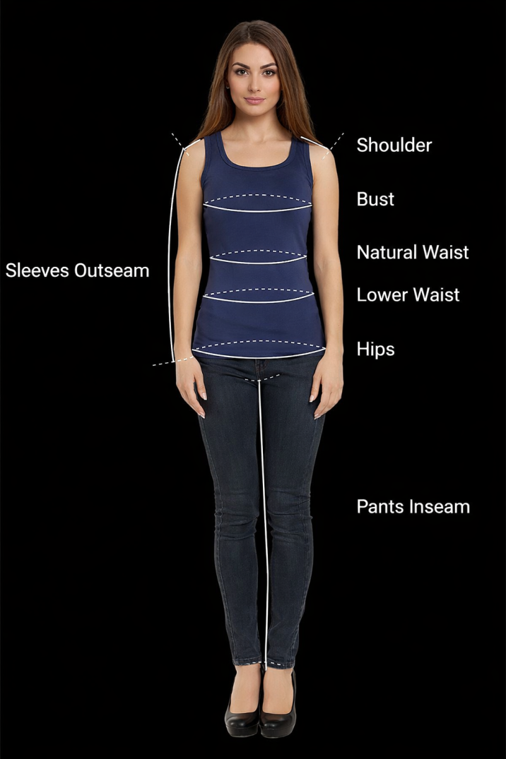 Women's measurement diagram — Shoulder, Bust, Natural Waist, Sleeve Outseam